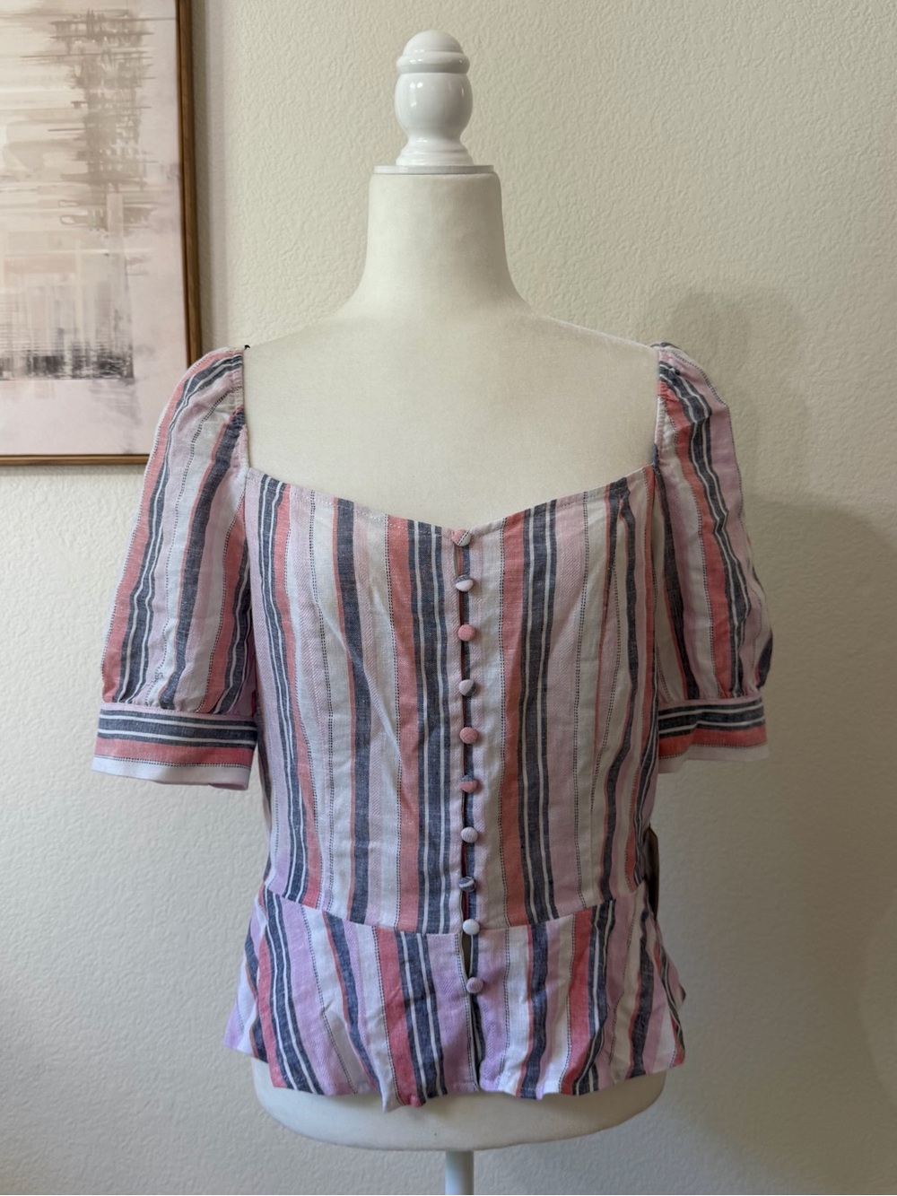 Laundry By Shelli Segal Calypso Coral Striped Button Front Peplum Top Medium NWT